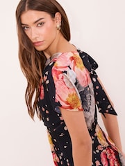 Lipsy Black Bisoux Print Petite Floral Satin Short Sleeve Underbust Midi Dress - Image 3 of 5