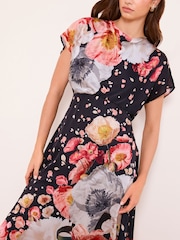 Lipsy Black Bisoux Print Petite Floral Satin Short Sleeve Underbust Midi Dress - Image 4 of 5
