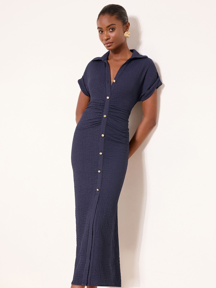 Lipsy Navy Petite Short Sleeve Textured Midi Shirt Dress - Image 1 of 4