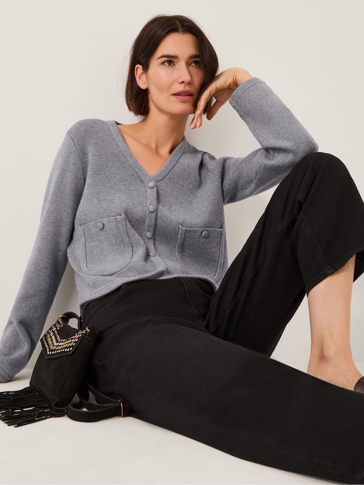 Monsoon Grey Viola V-Neck Cropped Cardigan - Image 1 of 5 Monsoon Grey Viola V-Neck Cropped Cardigan - Image 1 of 5