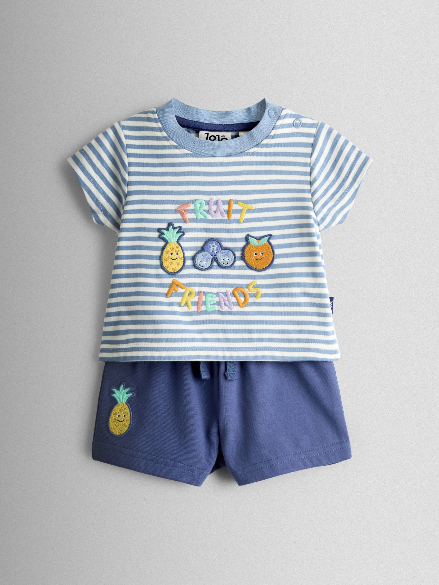 JoJo Maman Bébé Blue Fruit 2-Piece Slogan T-Shirt & Shorts Set