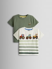 JoJo Maman Bébé Natural & Khaki Green Tractor 2-Pack Surf Applique & Printed T-Shirts - Image 1 of 7