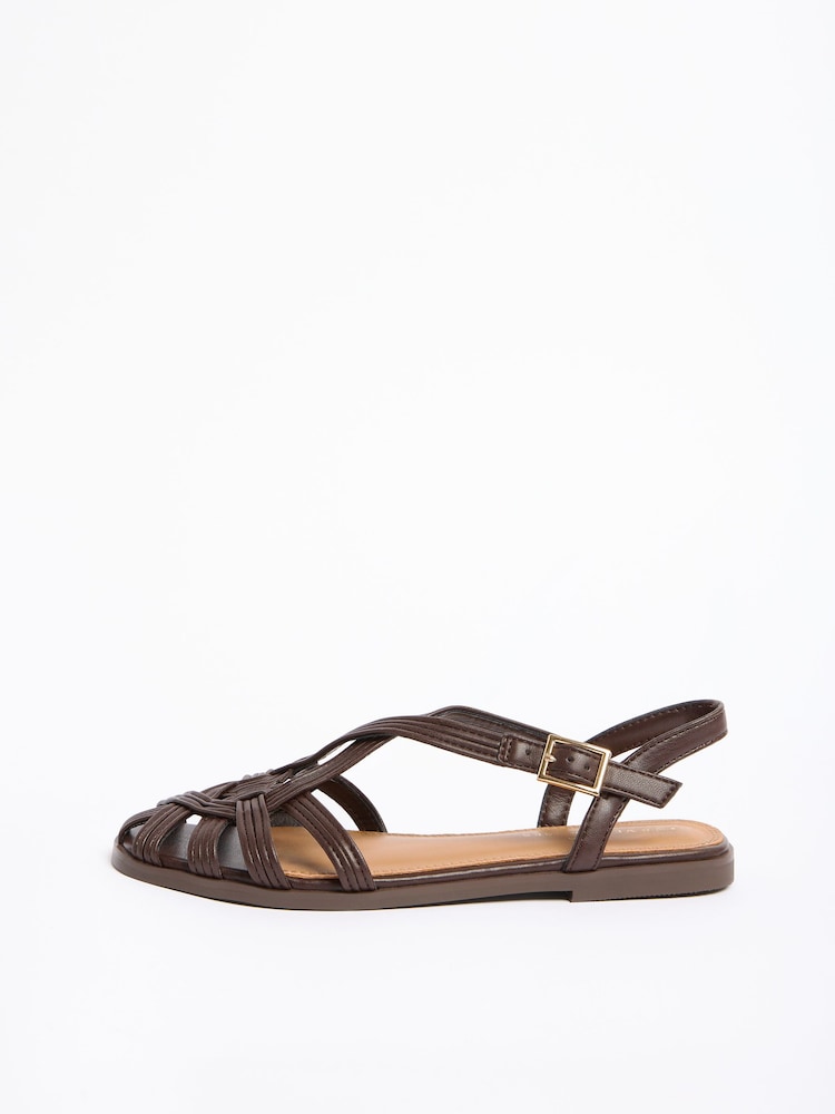 Love & Roses Chocolate Brown Faux Leather Woven Closed Toe Slingback Summer Sandals - Image 5 of 5