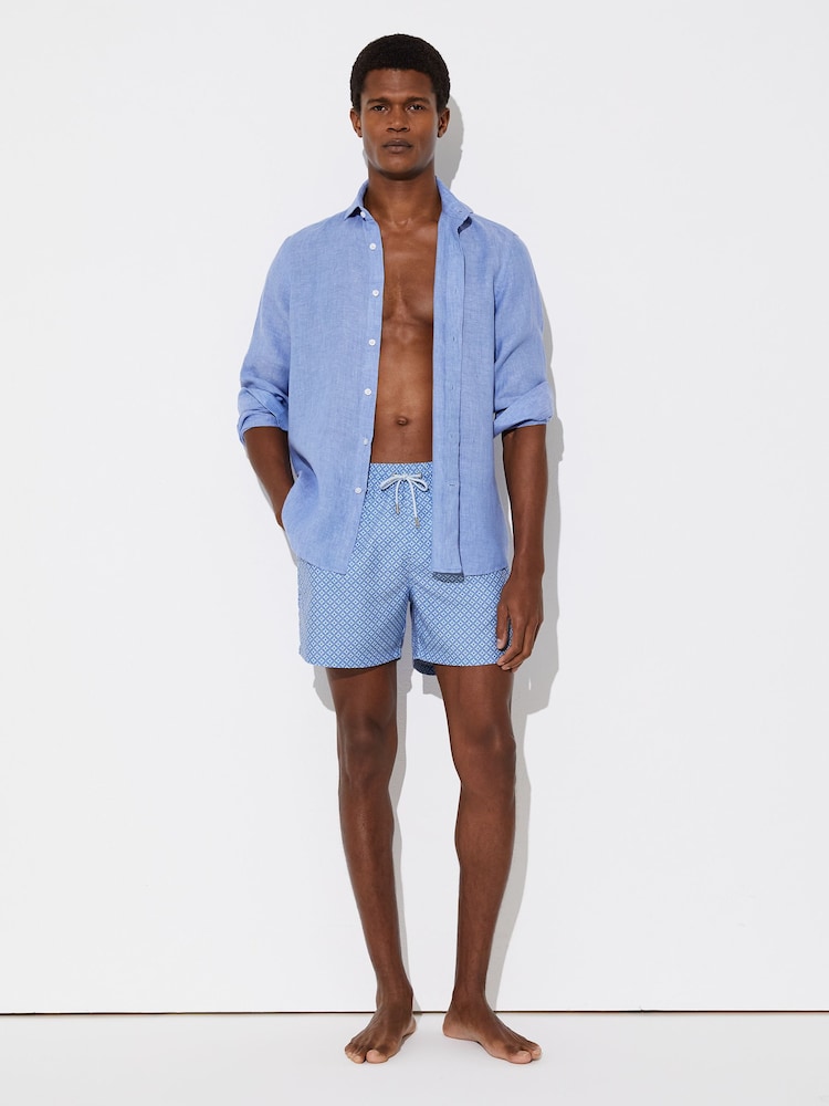 Reiss Blue Orient Geometric-Print Swim Shorts - Image 1 of 6 Reiss Blue Orient Geometric-Print Swim Shorts - Image 1 of 6