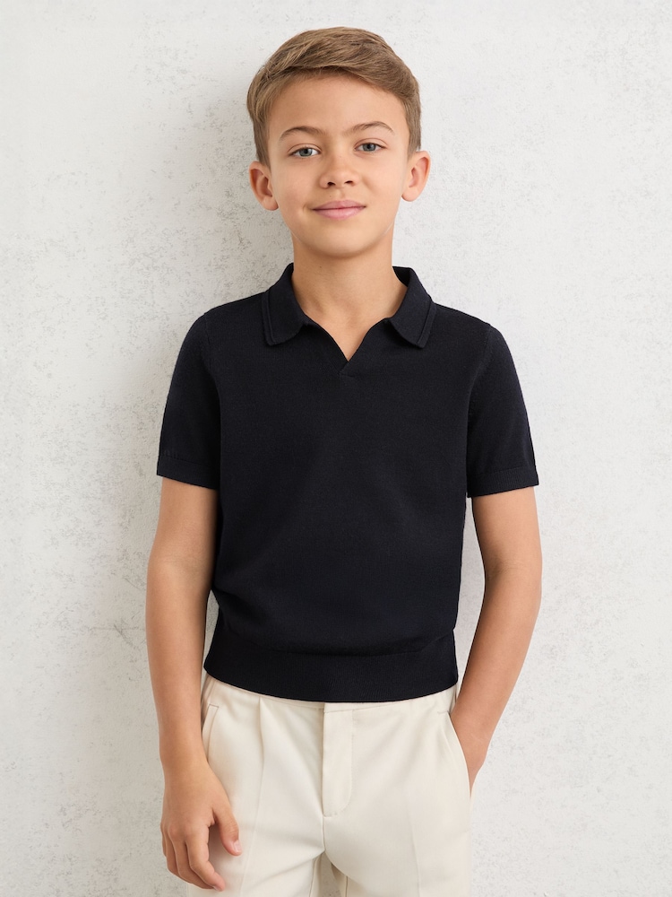 Reiss Navy Duchie 9-13 yrs Merino Wool Open-Collar Polo Shirt - Image 1 of 5 Reiss Navy Duchie 9-13 yrs Merino Wool Open-Collar Polo Shirt - Image 1 of 5