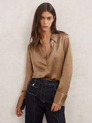 Reiss Camel Ameira Silk-Satin Concealed-Placket Shirt - Image 1 of 6