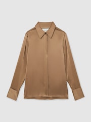 Reiss Camel Ameira Silk-Satin Concealed-Placket Shirt - Image 2 of 6