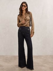 Reiss Camel Ameira Silk-Satin Concealed-Placket Shirt - Image 3 of 6