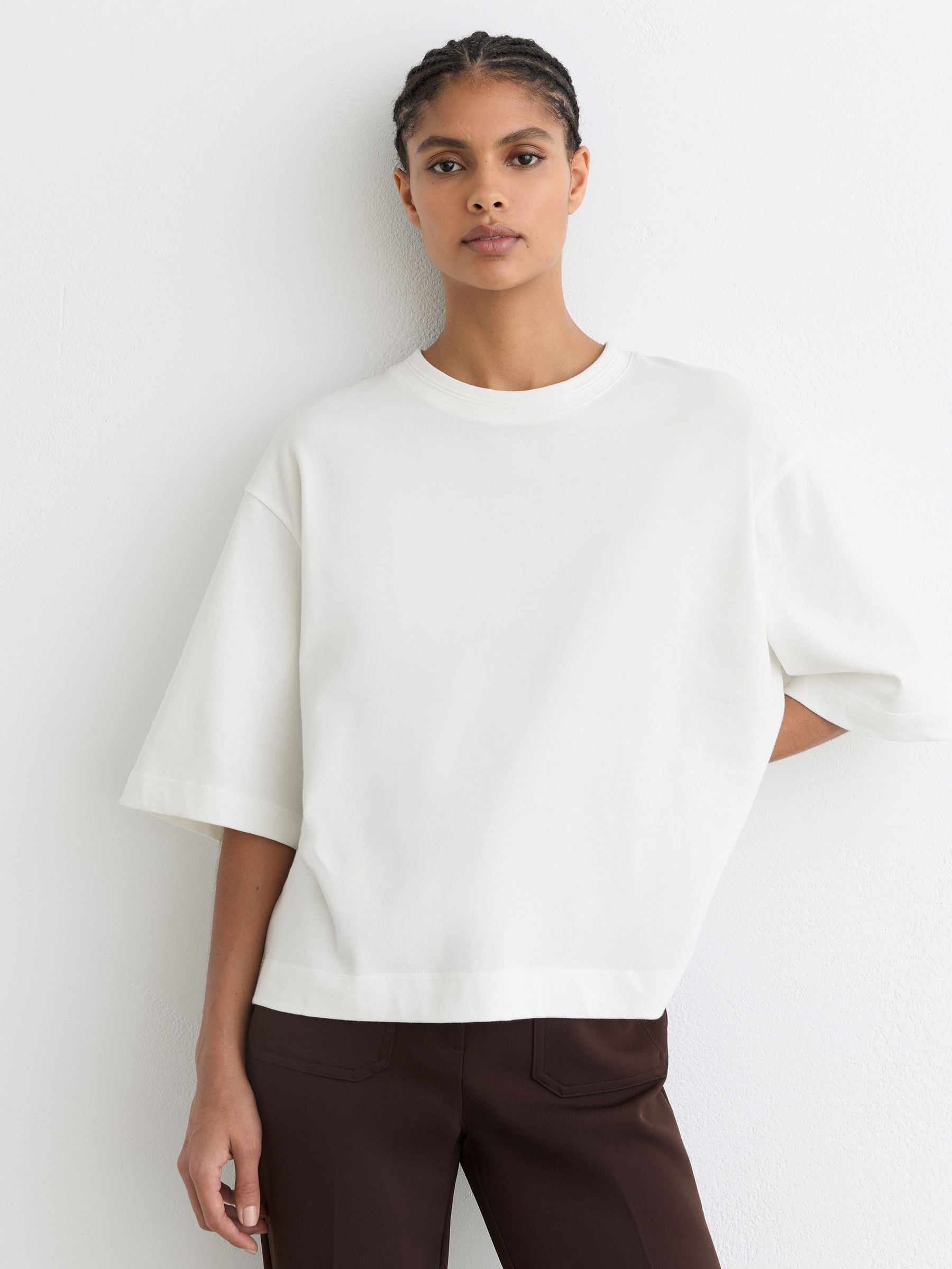 Buy Reiss White Lara Cotton Ribbed-Neck Oversized T-Shirt from