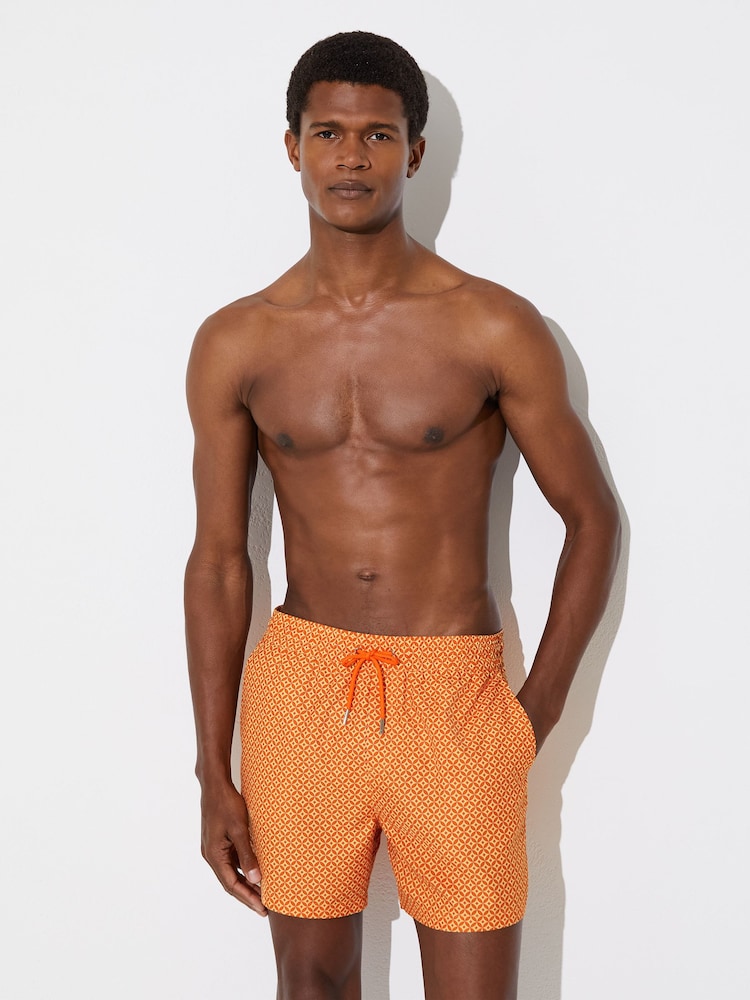 Reiss Tangerine Orange Orient Geometric-Print Swim Shorts - Image 1 of 6 Reiss Tangerine Orange Orient Geometric-Print Swim Shorts - Image 1 of 6