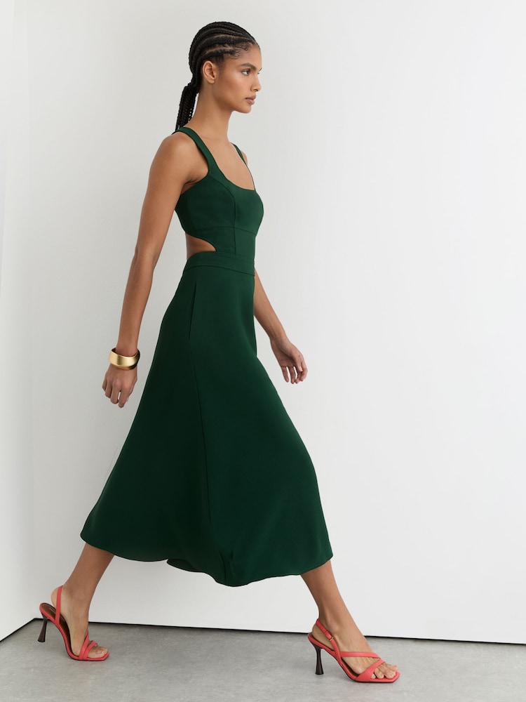 Reiss Green Dina Waisted Cut-Out Twill Midi Dress - Image 1 of 7 Reiss Green Dina Waisted Cut-Out Twill Midi Dress - Image 1 of 7