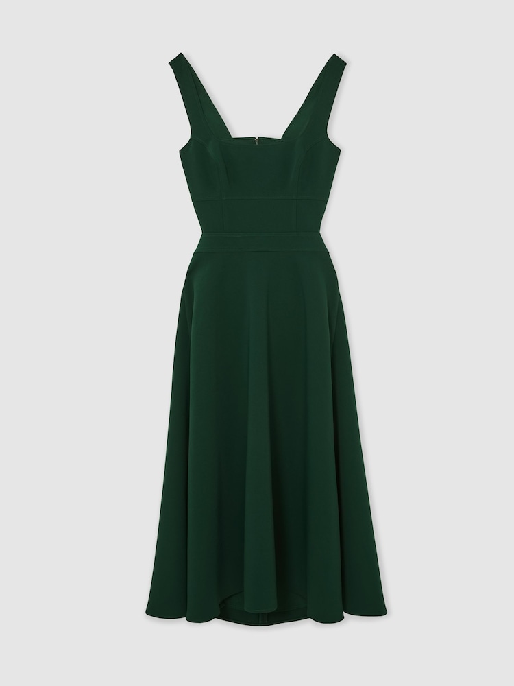 Reiss Green Dina Waisted Cut-Out Twill Midi Dress - Image 2 of 7 Reiss Green Dina Waisted Cut-Out Twill Midi Dress - Image 2 of 7
