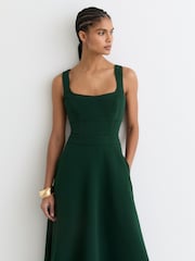Reiss Green Dina Waisted Cut-Out Twill Midi Dress - Image 4 of 7