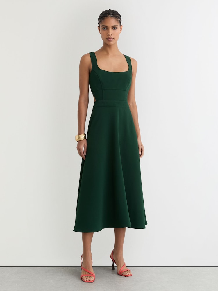 green emerald velvet dress Rent Reiss Micah Satin Drape Midi Dress – Timeless Elegance – Versatile main image 0