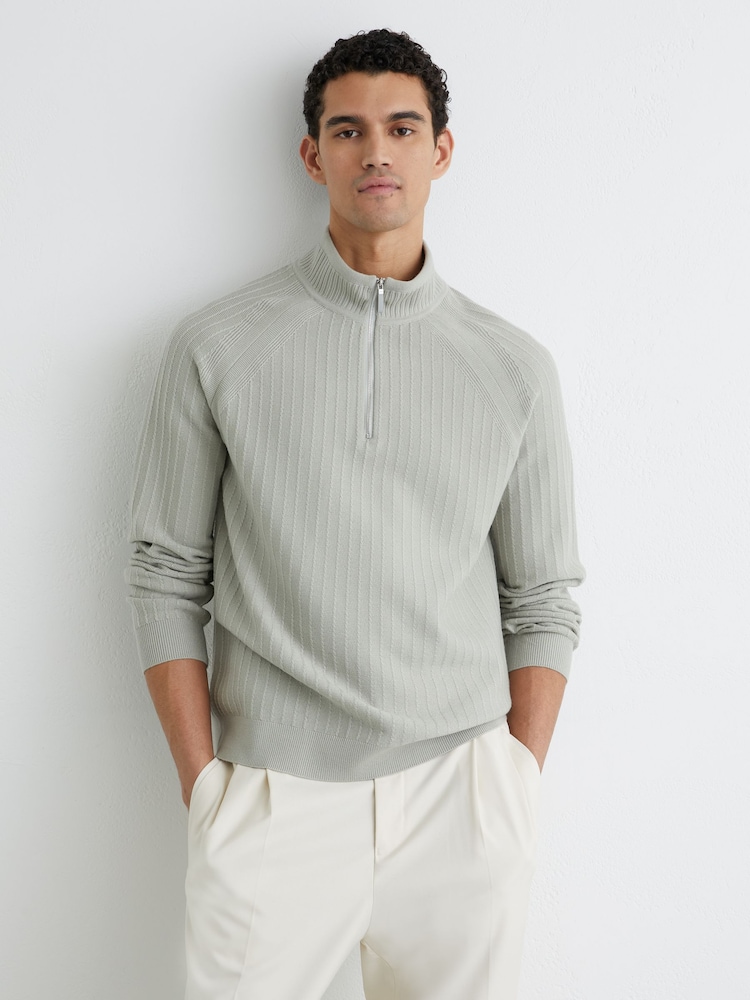 Reiss Sage Green Aldershot Textured-Knit Half-Zip Jumper with Wool - Image 1 of 6