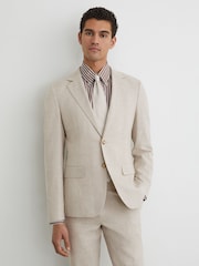 Reiss Oatmeal Brown Cheltenham Linen-Cotton Single-Breasted Check Blazer Tailored-Fit - Image 4 of 8