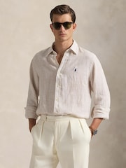 Polo Ralph Lauren Coastal Beige & White Custom Fit Linen Stripe Shirt - Image 1 of 10