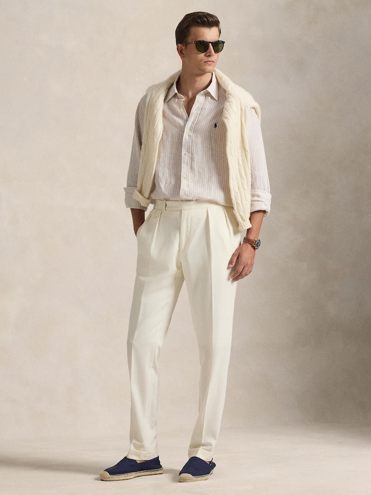 Polo Ralph Lauren Coastal Beige & White Custom Fit Linen Stripe Shirt - Image 2 of 10