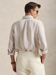 Polo Ralph Lauren Coastal Beige & White Custom Fit Linen Stripe Shirt - Image 4 of 10