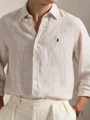 Polo Ralph Lauren Coastal Beige & White Custom Fit Linen Stripe Shirt - Image 5 of 10