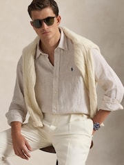 Polo Ralph Lauren Coastal Beige & White Custom Fit Linen Stripe Shirt - Image 6 of 10