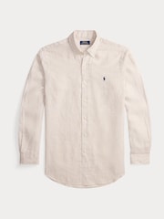 Polo Ralph Lauren Coastal Beige & White Custom Fit Linen Stripe Shirt - Image 9 of 10