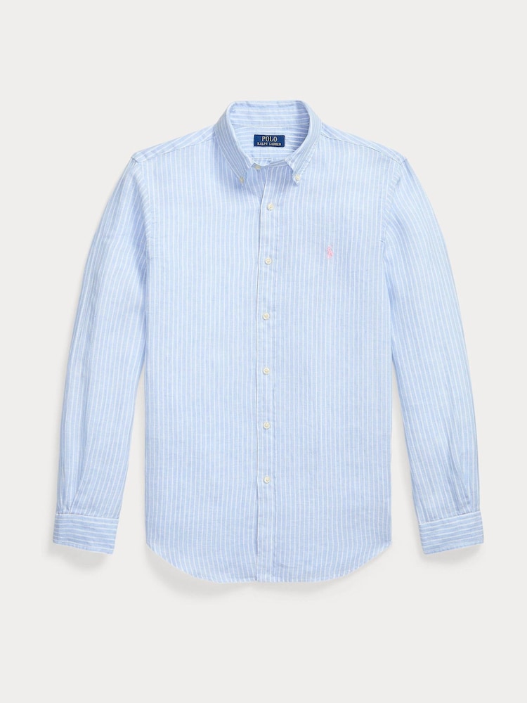 Polo Ralph Lauren Blue & White Custom Fit Linen Stripe Shirt - Image 1 of 2