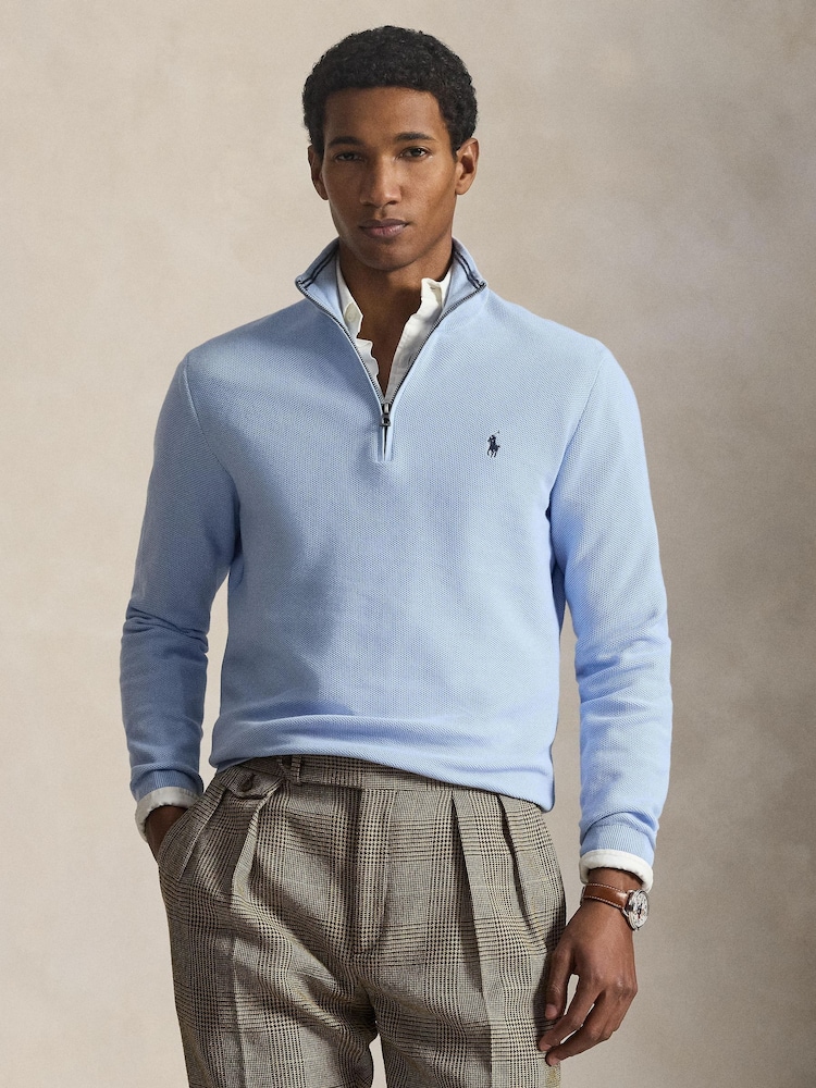Polo Ralph Lauren Office Blue Mesh Knit Cotton Quarter Zip Jumper - Image 1 of 4