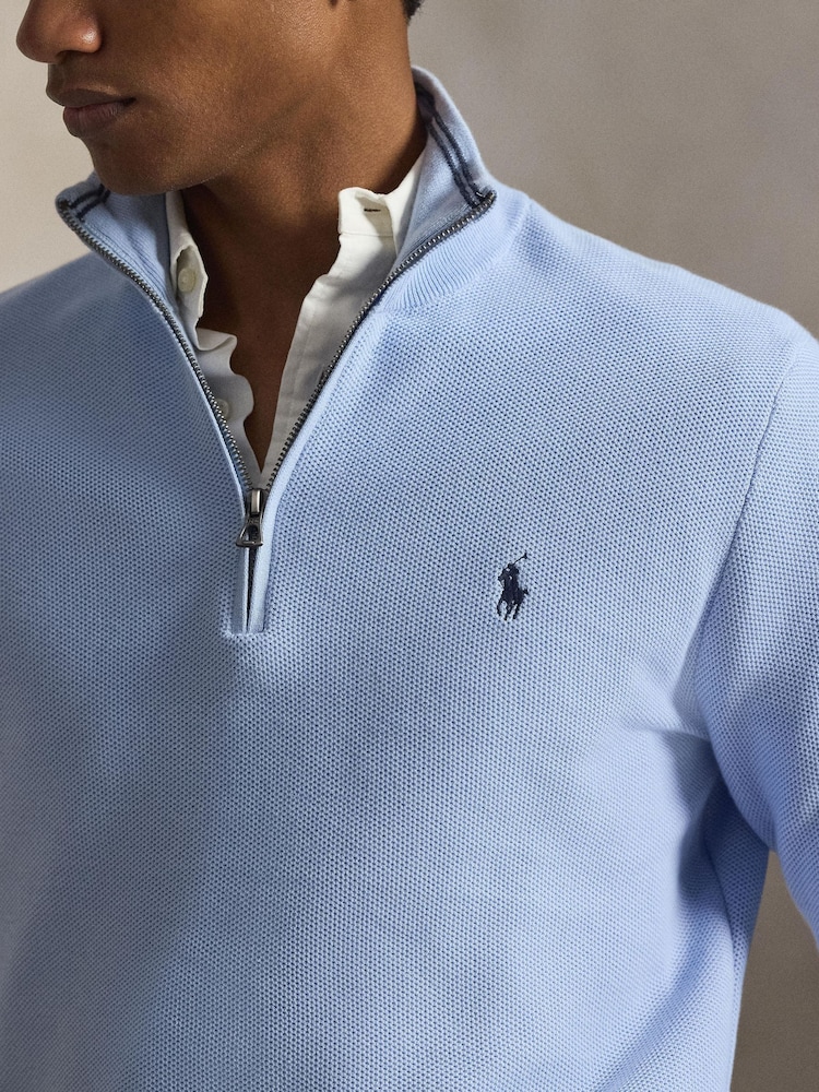 Polo Ralph Lauren Office Blue Mesh Knit Cotton Quarter Zip Jumper - Image 4 of 4