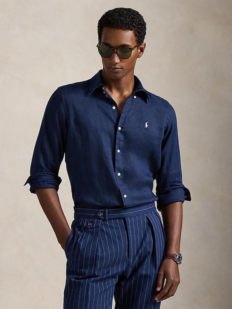 Polo Ralph Lauren Newport Navy Custom Fit Linen Shirt - Image 1 of 7