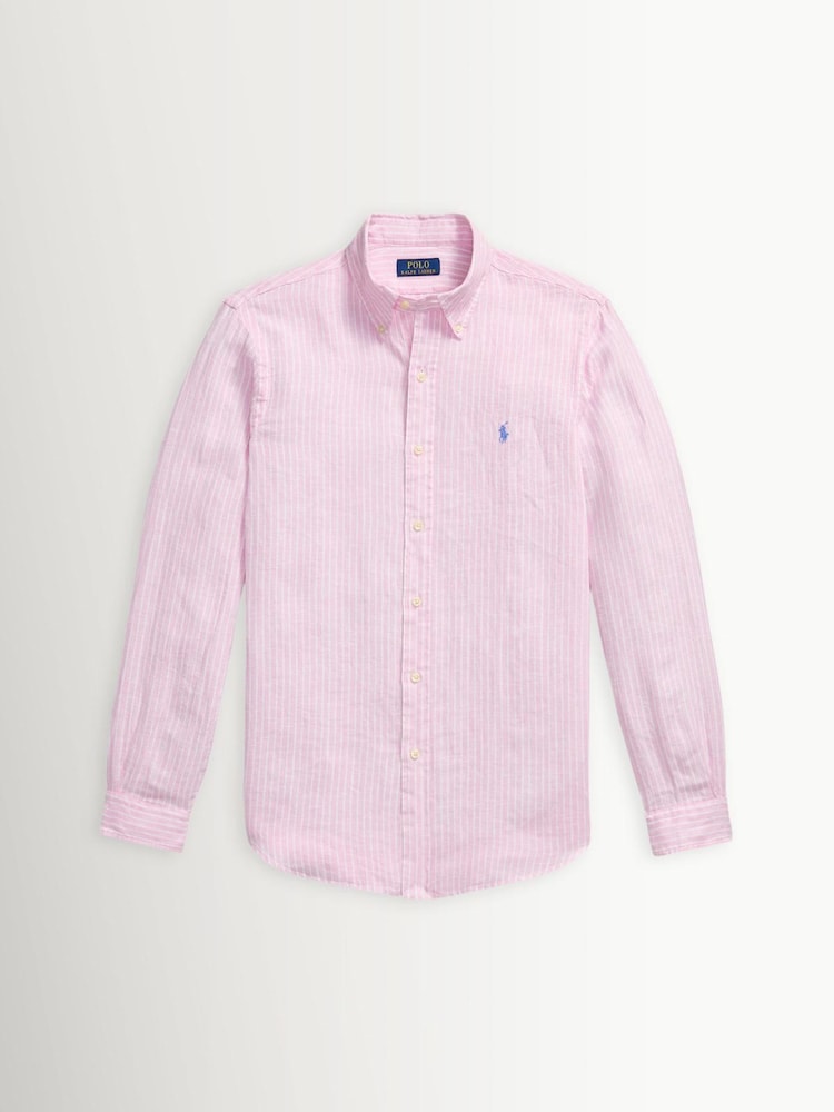 Polo Ralph Lauren Pink & White Custom Fit Linen Stripe Shirt - Image 1 of 1