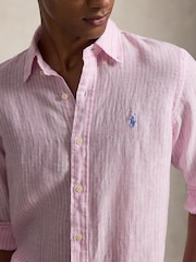 Polo Ralph Lauren Pink & White Custom Fit Linen Stripe Shirt - Image 5 of 8
