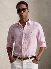 Polo Ralph Lauren Pink & White Custom Fit Linen Stripe Shirt - Image 7 of 8