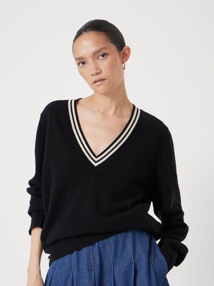 Hush Black Merino Wool V-Neck Stripe Jumper - Image 1 of 5