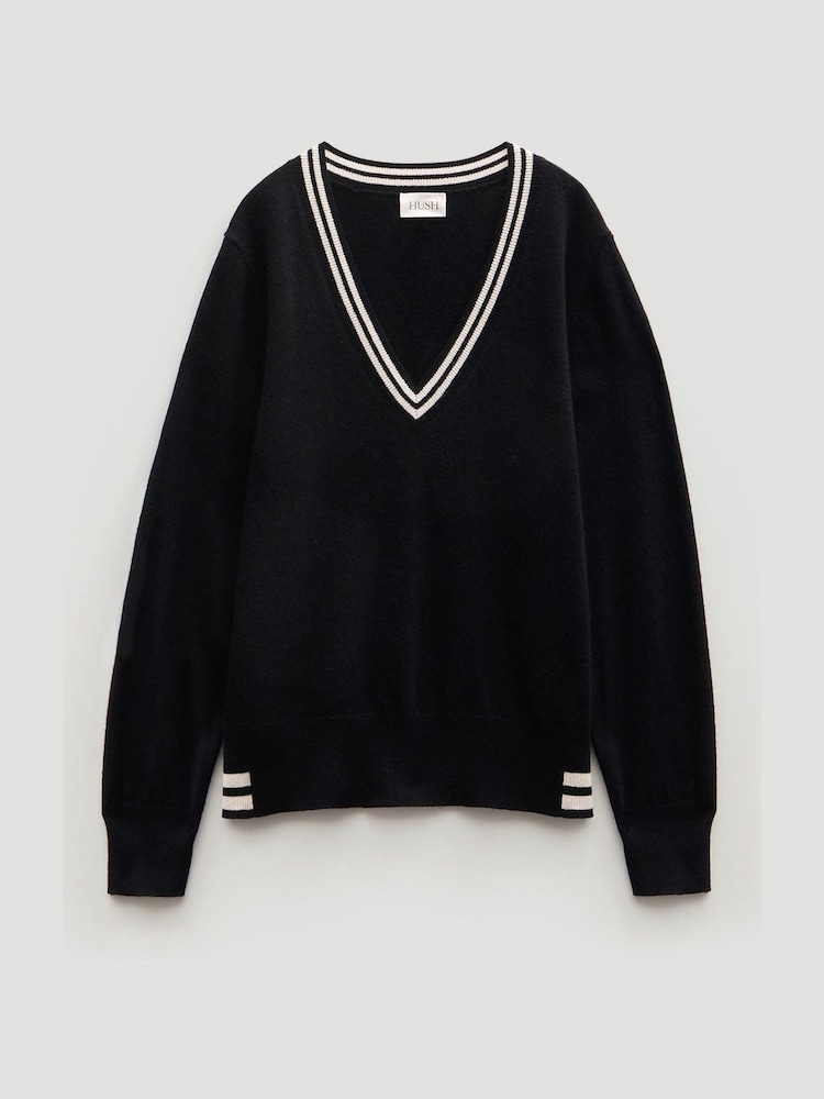 Hush Black Merino Wool V-Neck Stripe Jumper - Image 5 of 5