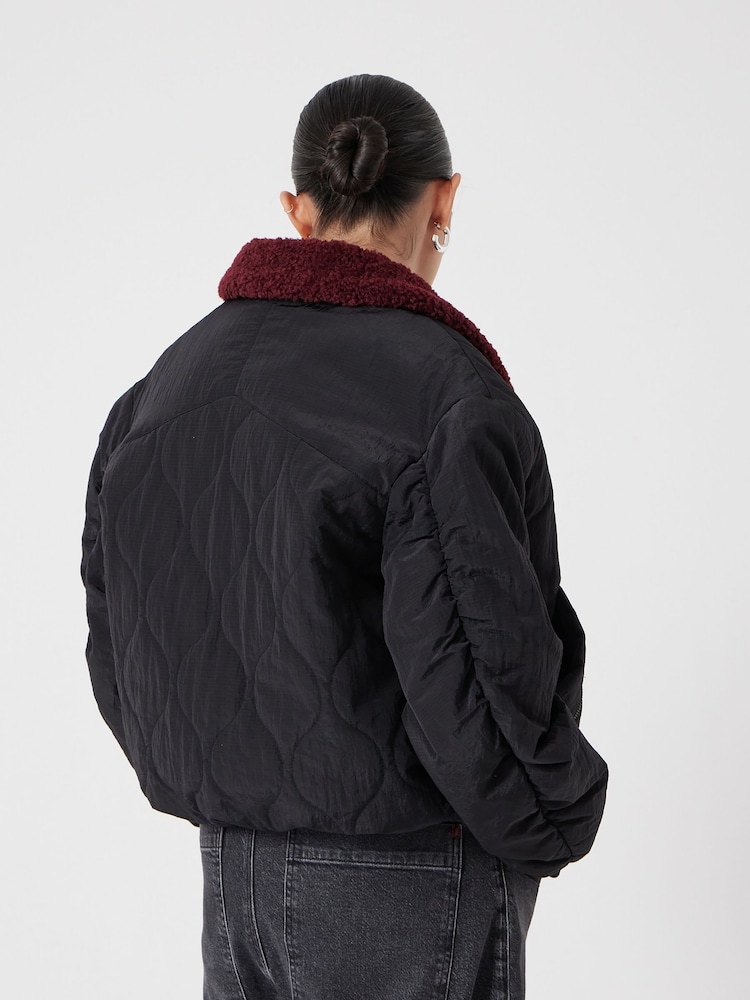 Hush Black Teddy Collar Quilted Bomber Jacket - Image 2 of 6 Hush Black Teddy Collar Quilted Bomber Jacket - Image 2 of 6