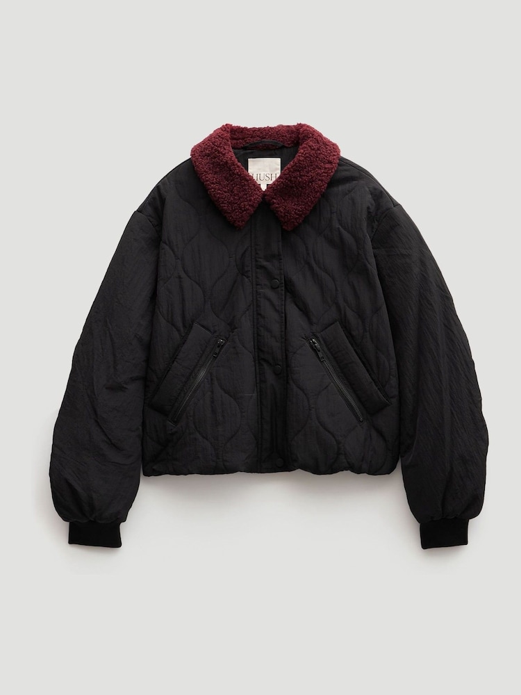 Hush Black Teddy Collar Quilted Bomber Jacket - Image 6 of 6 Hush Black Teddy Collar Quilted Bomber Jacket - Image 6 of 6