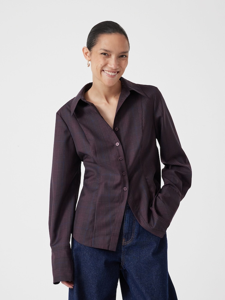 Hush Blue Waisted Checked Wool Shirt - Image 1 of 5 Hush Blue Waisted Checked Wool Shirt - Image 1 of 5