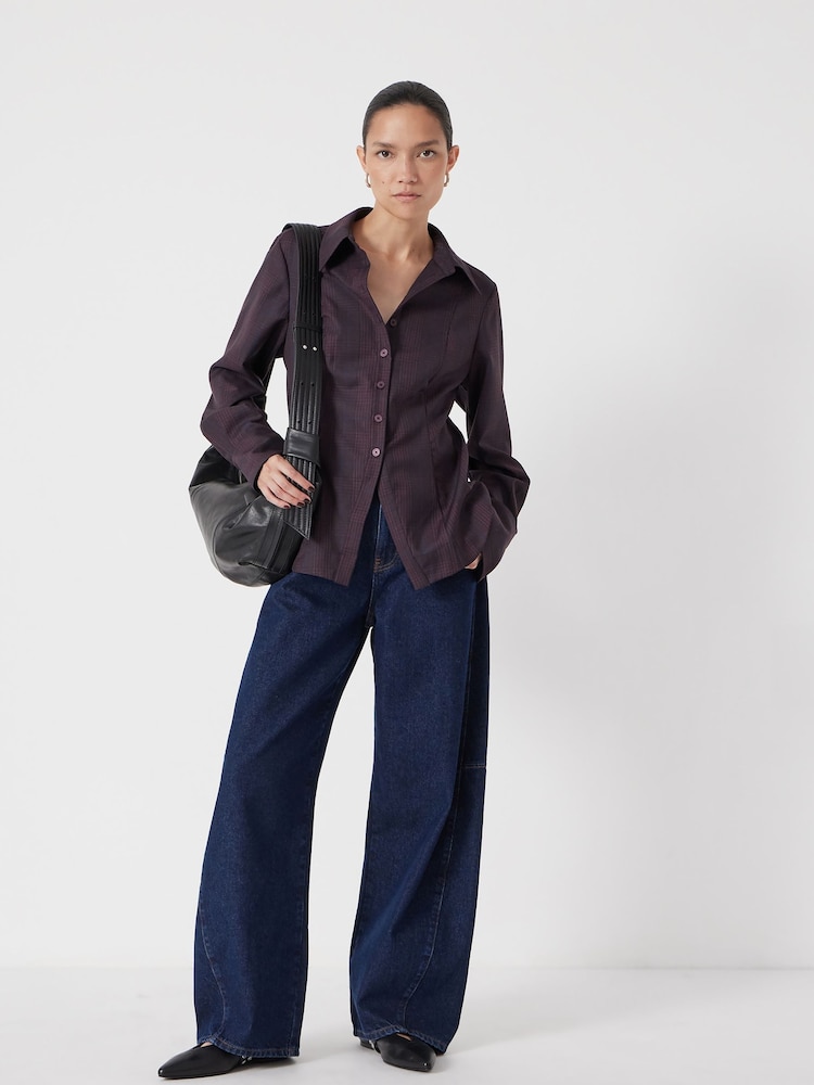 Hush Blue Waisted Checked Wool Shirt - Image 2 of 5 Hush Blue Waisted Checked Wool Shirt - Image 2 of 5