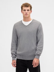 Gap Grey Relaxed Ribbed V-Neck Jumper - Image 1 of 2