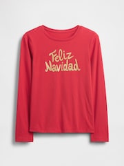 Gap Red Feliz Navidad Long Sleeve Graphic Christmas T-Shirt (4-13yrs) - Image 3 of 4