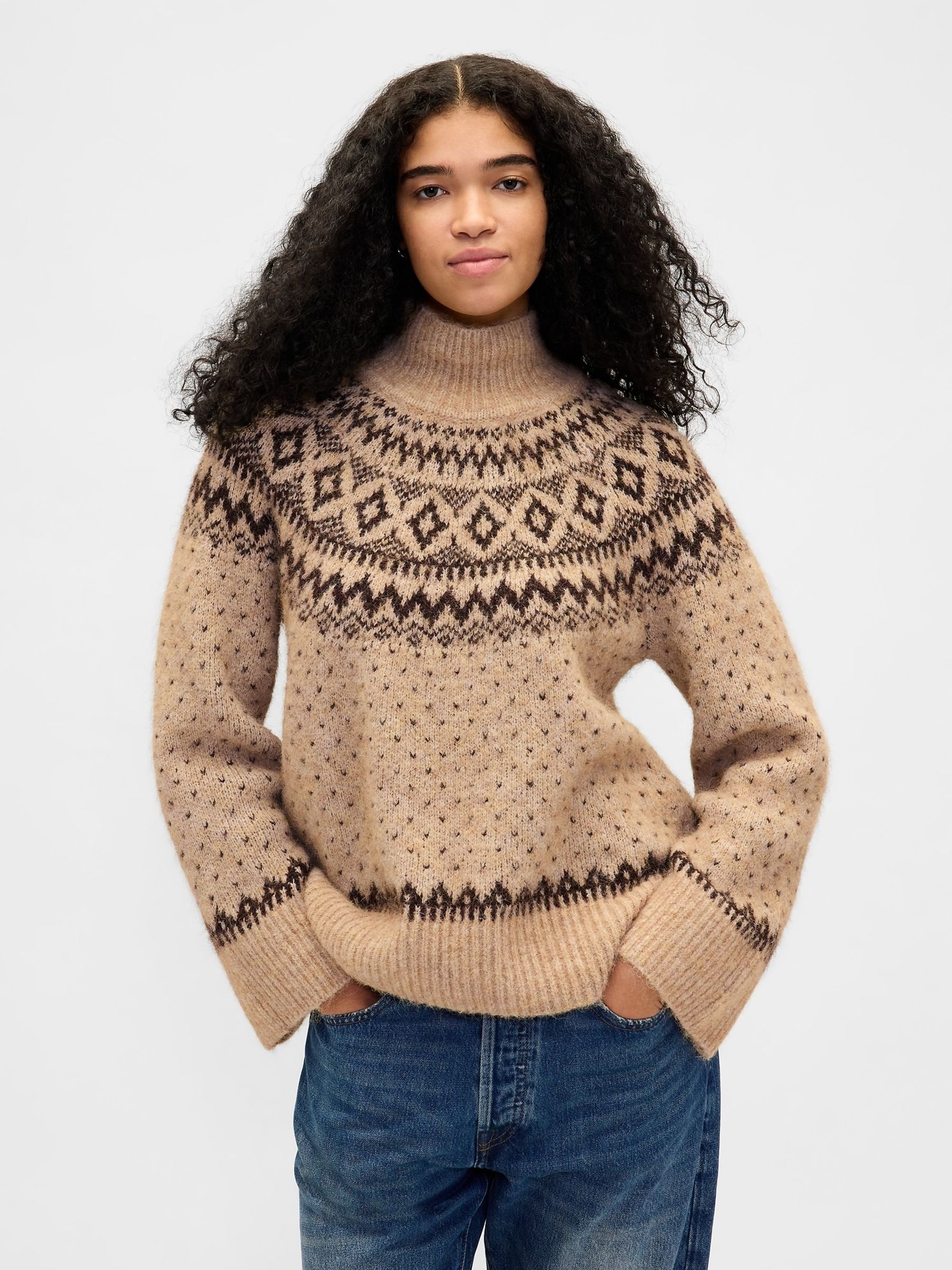 Buy Gap Brown Fair Isle Fuzzy Oversized Turtle Neck Jumper from