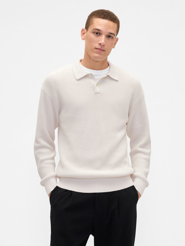 Gap Cream Relaxed Ribbed Jumper Polo Shirt - Image 1 of 4 Gap Cream Relaxed Ribbed Jumper Polo Shirt - Image 1 of 4