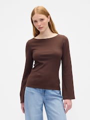 Gap Brown Velour Bell Sleeve Boatneck T-Shirt - Image 1 of 5