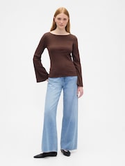 Gap Brown Velour Bell Sleeve Boatneck T-Shirt - Image 3 of 5