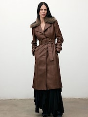 Mango Brown Fur Collar Faux Leather Coat - Image 1 of 6