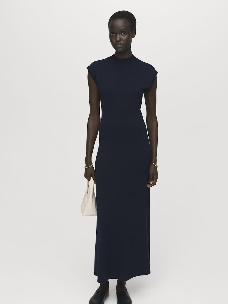 Mango Blue Perkins-Neck Knitted Dress - Image 1 of 7 Mango Blue Perkins-Neck Knitted Dress - Image 1 of 7