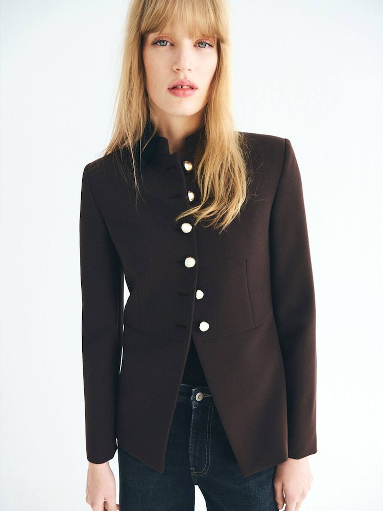 Mango Brown Jacket With Jewel-Button Strip Collar - Image 1 of 6 Mango Brown Jacket With Jewel-Button Strip Collar - Image 1 of 6