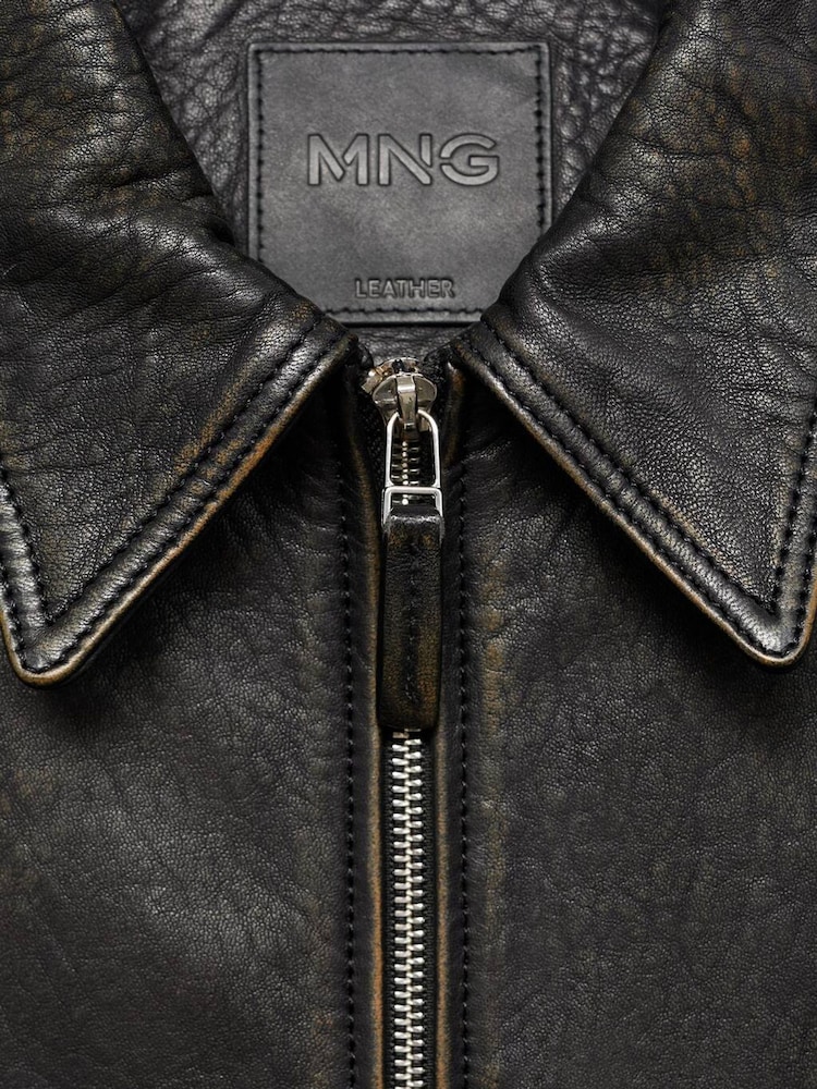 Mango Black Lapels Leather Jacket - Image 5 of 5