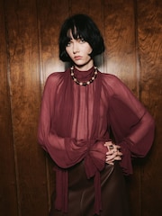 Mango Red Semi-Transparent Blouse With Foulard - Image 3 of 5